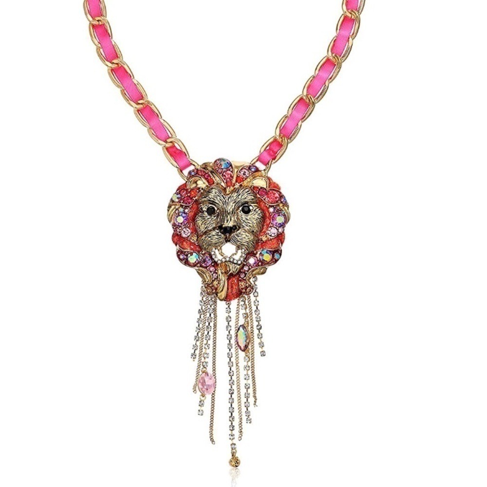 Bold Lion Head Statement Necklace with Crystal Tassel and Pink ChainEarrings Set